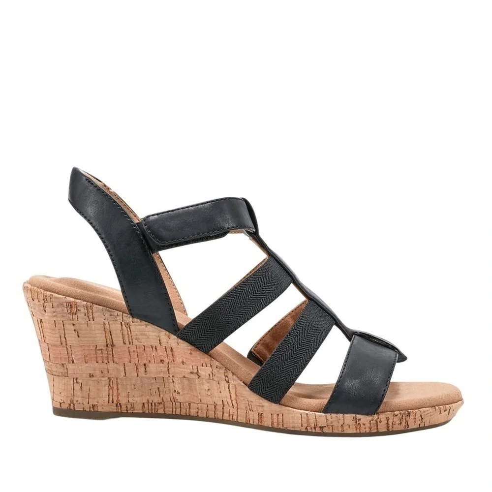 Rockport Blanca Wedge Sandal Elastic TBar Sandal in Black NEW in Box